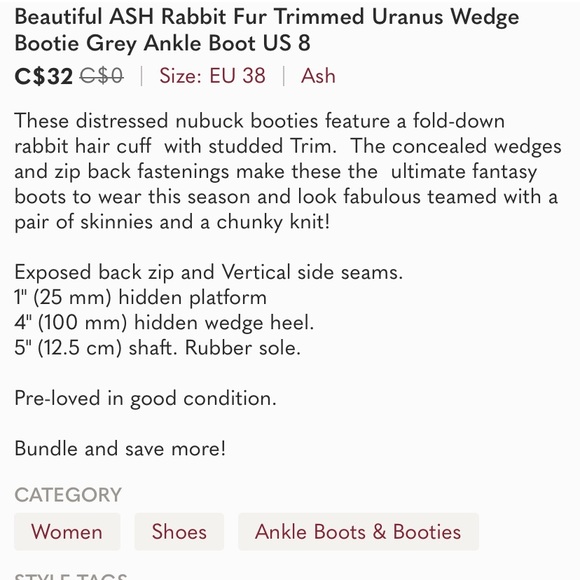 Beautiful ASH Rabbit Fur Trimmed Uranus Wedge Bootie Grey Ankle Boot US 8 - Picture 10 of 10